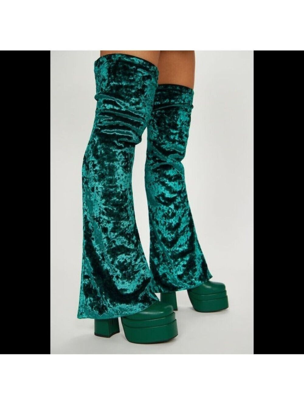 Good Will Unique Thigh High Emerald Velvet Fold over Chunky Heel Platform Boots